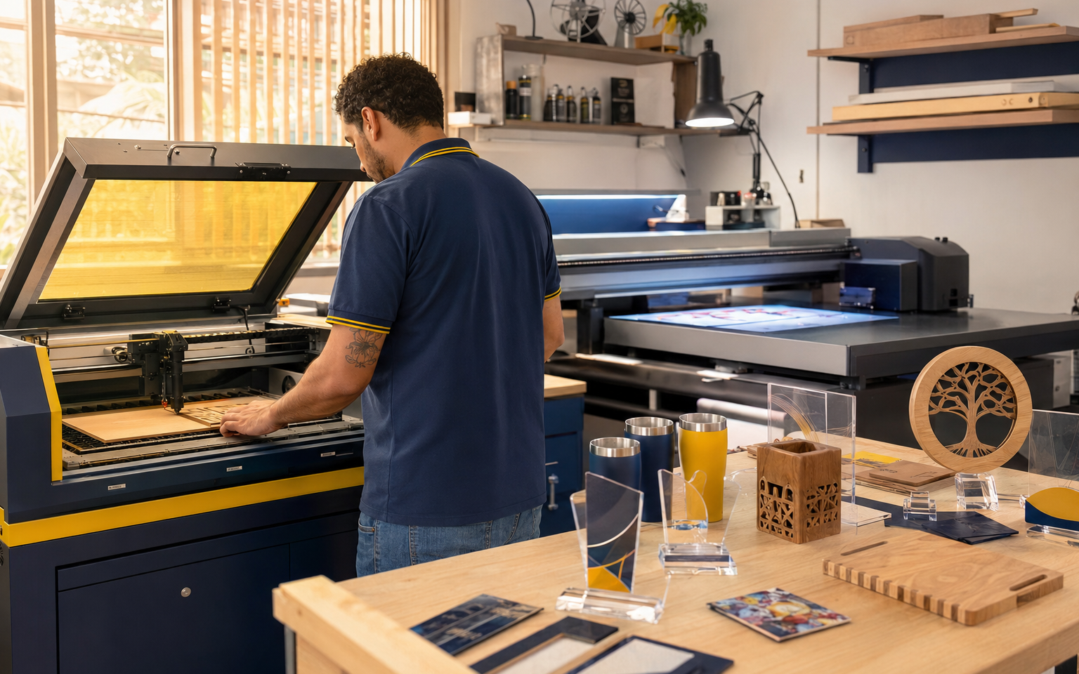Equipe em ambiente de produção de brindes e produtos personalizados