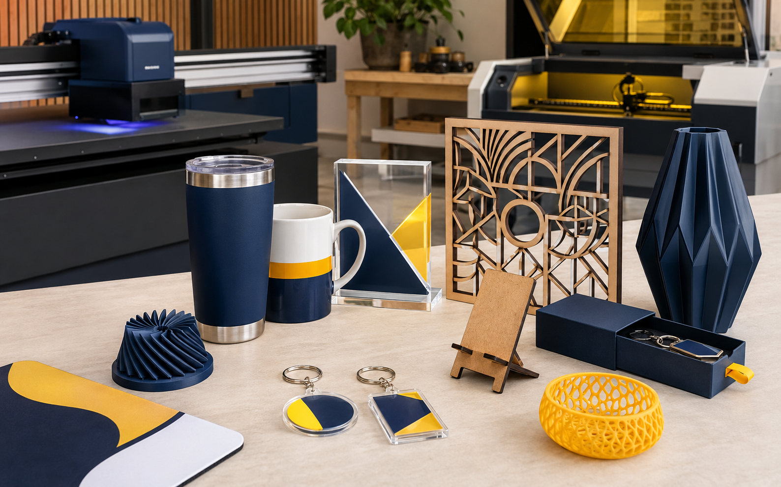 Brindes e produtos personalizados em um ambiente de produção criativa